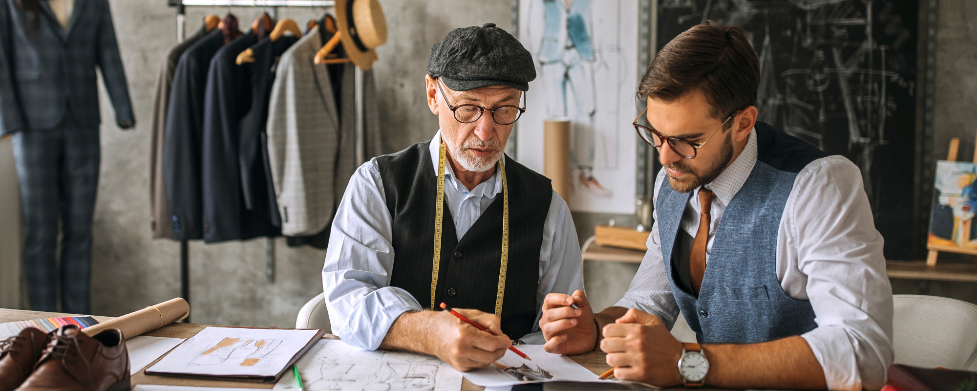 Two tailors reviewing the design of a suit at a tailor's store