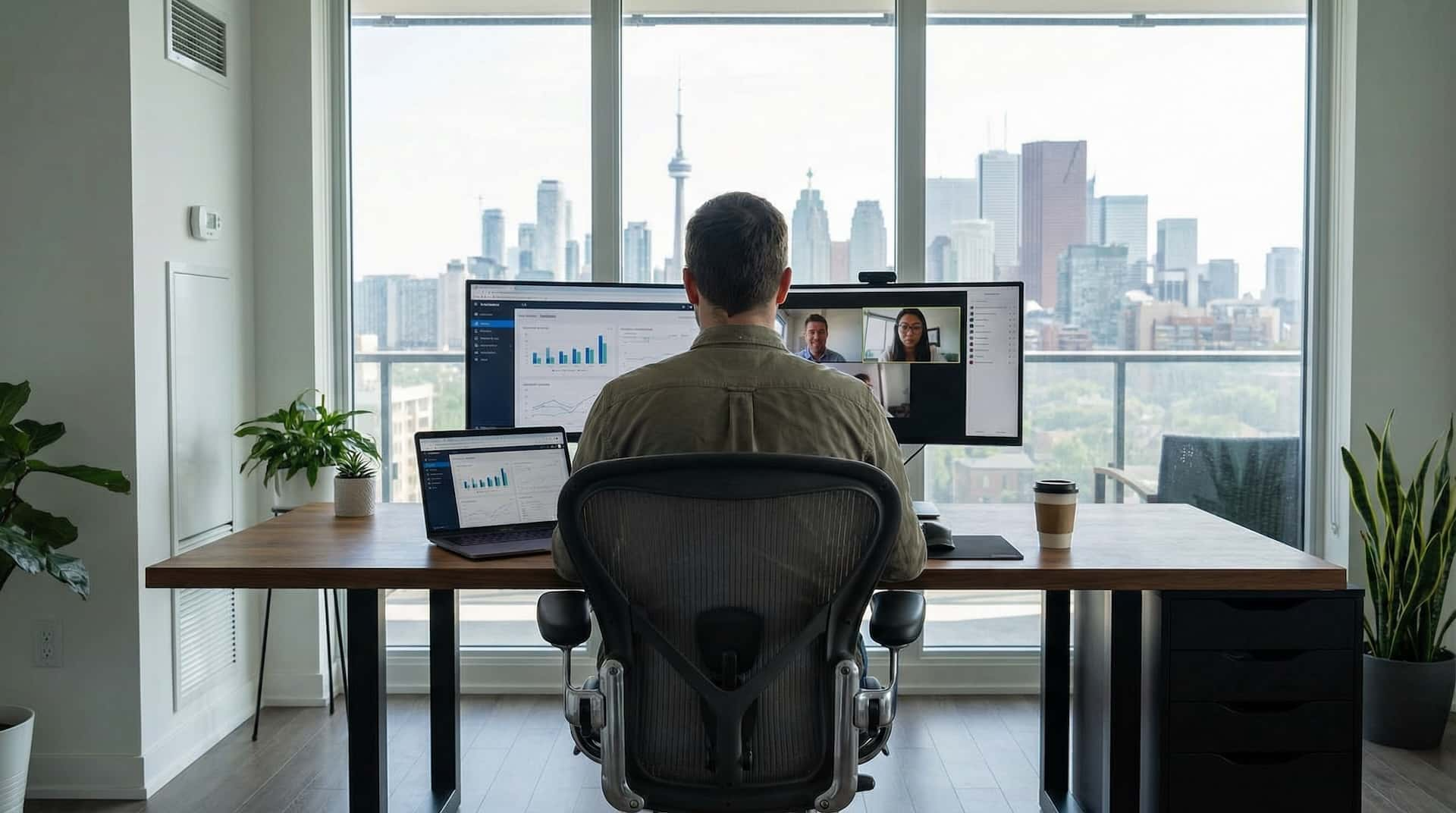 Man looking at computer charts on a zoom call.