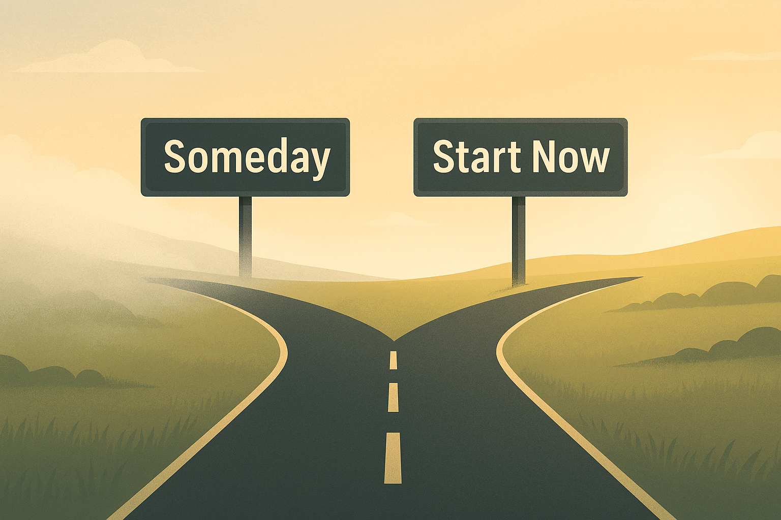 Road splitting in half showing signs that read someday or start now