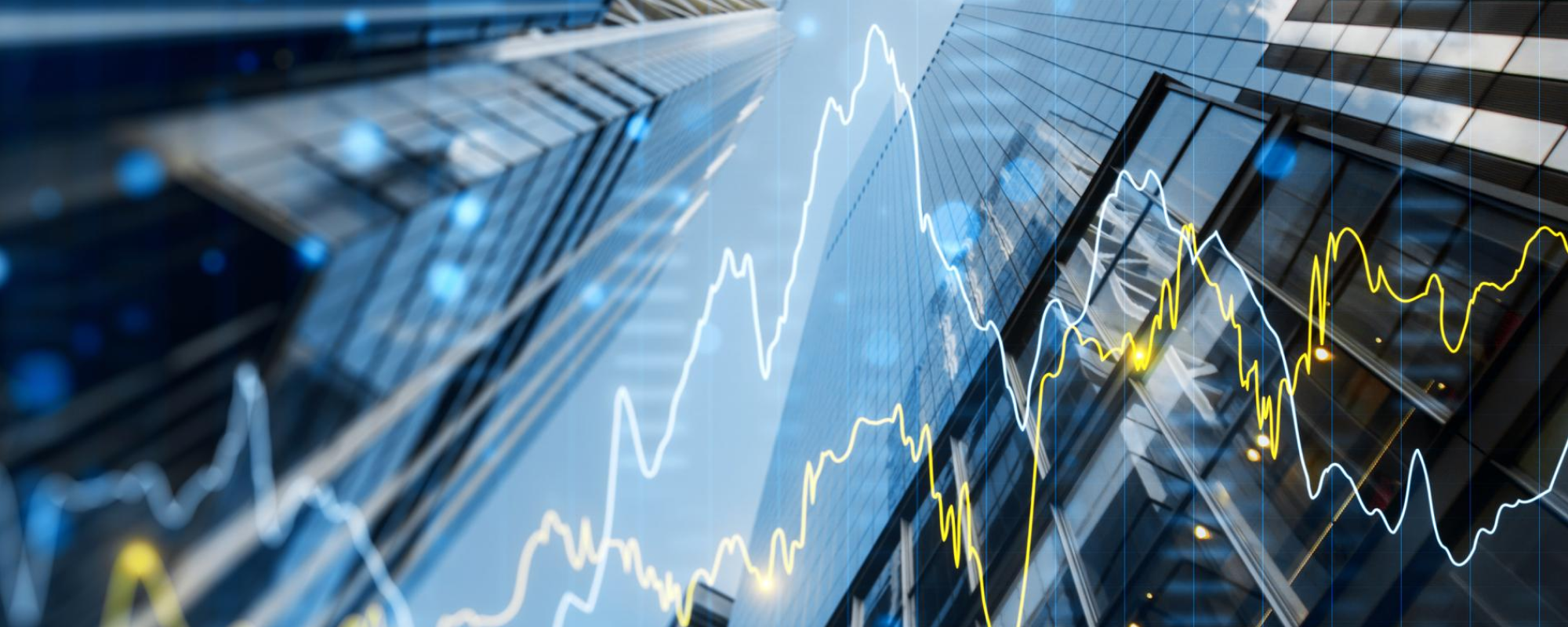 Stock chart overlayed on business buildings.