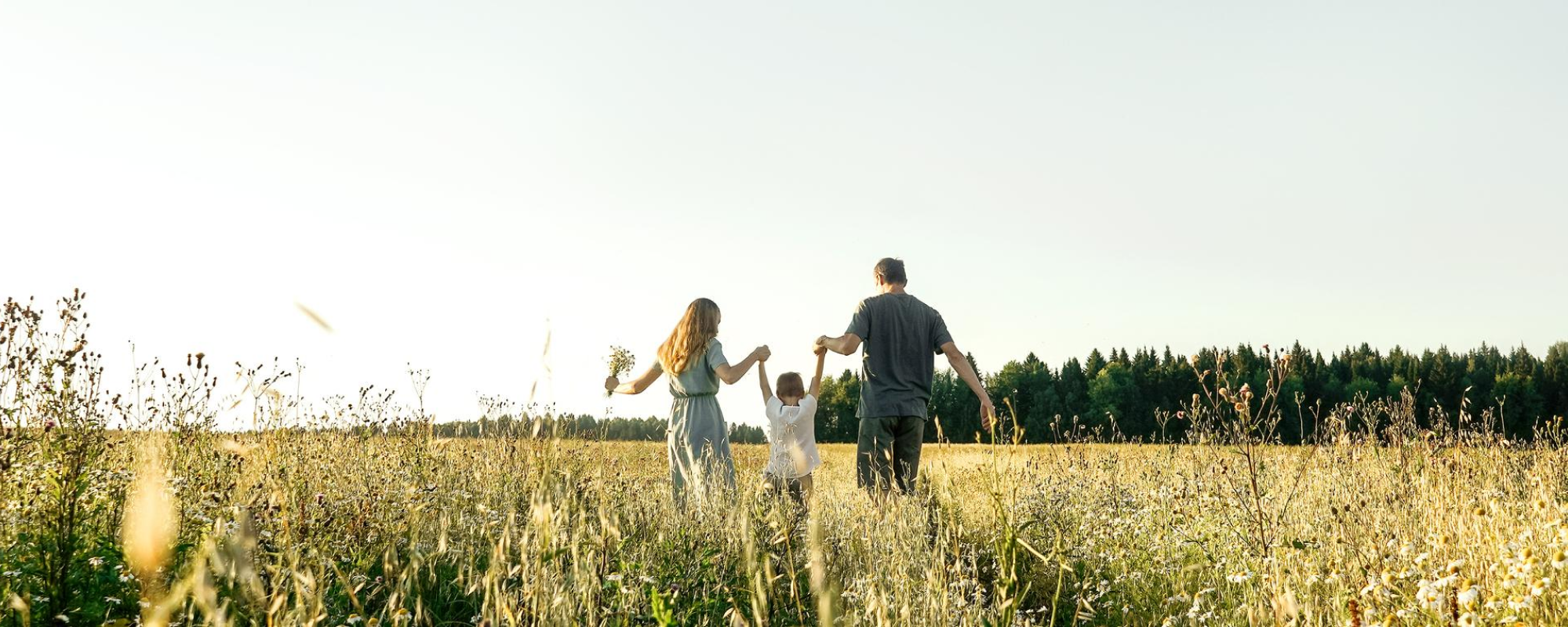 Mother, father and son having fun in field. Rear view.