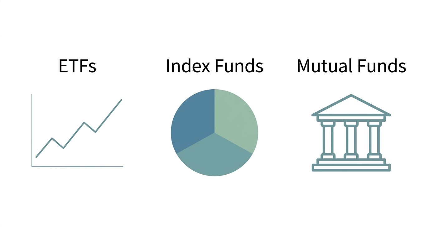 Image of ETF chart vs a Index Fund Pie chart vs mutual fund house