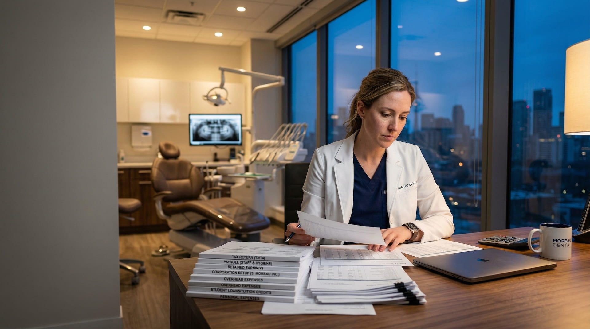 A Dentist looking at some charts sitting at her desk.