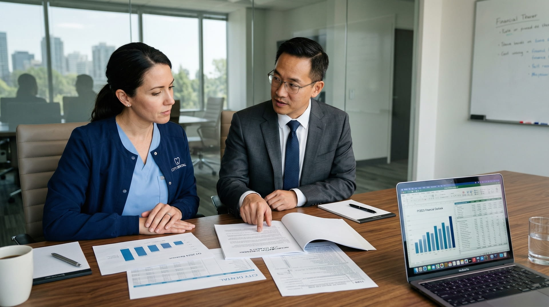 Image of dentists looking at paperwork talking