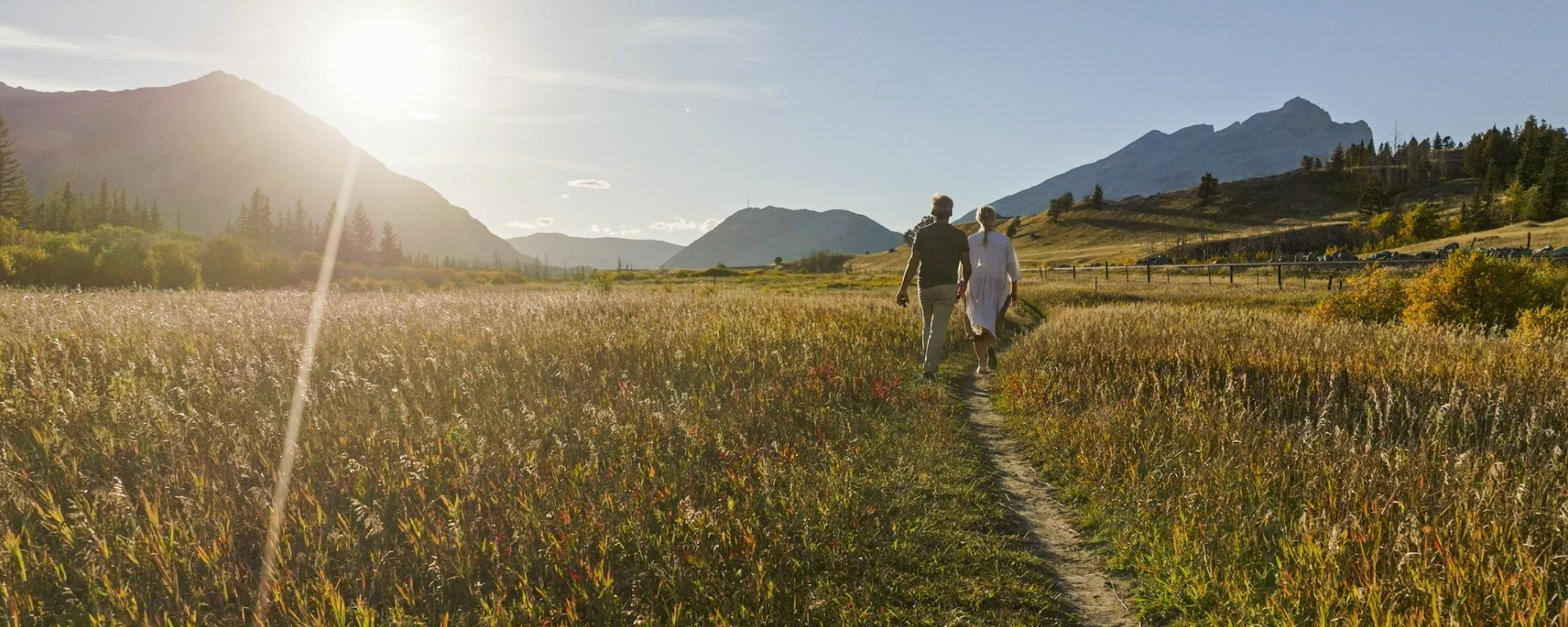 couple walking through sunny meadow.