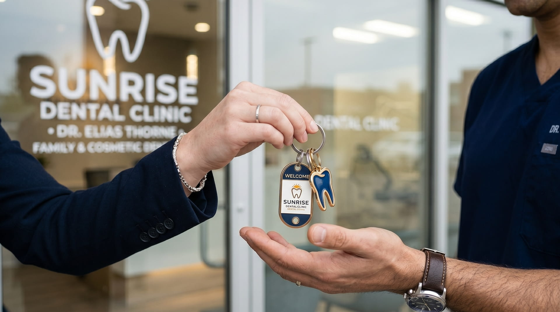 A woman handing dental office keys to a man