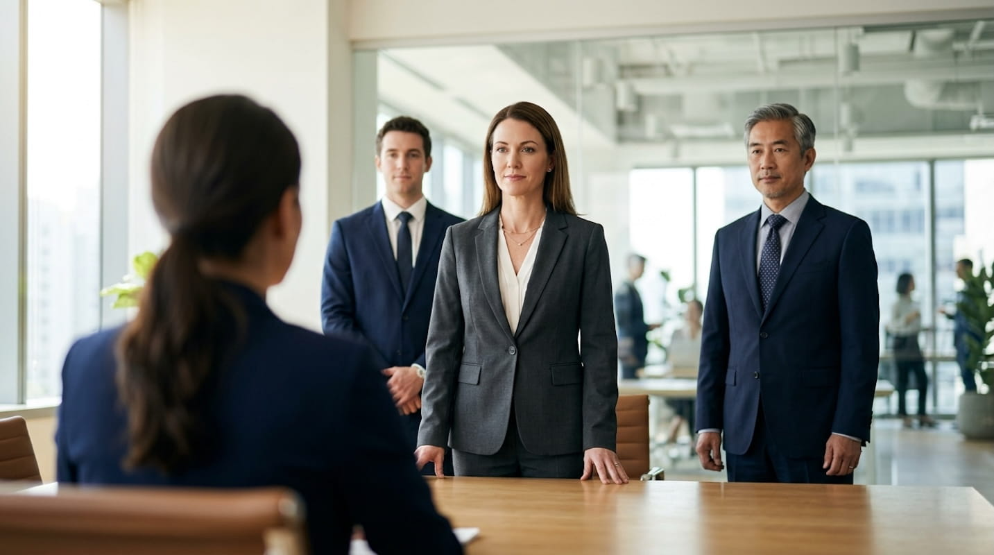 Woman interviewing Financial Advisors standing infront of her.