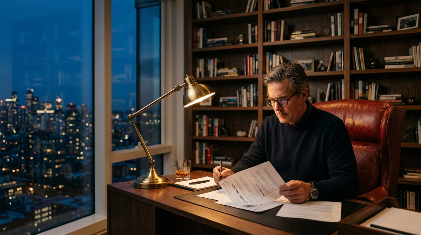 Man looking over paperwork on his desk.