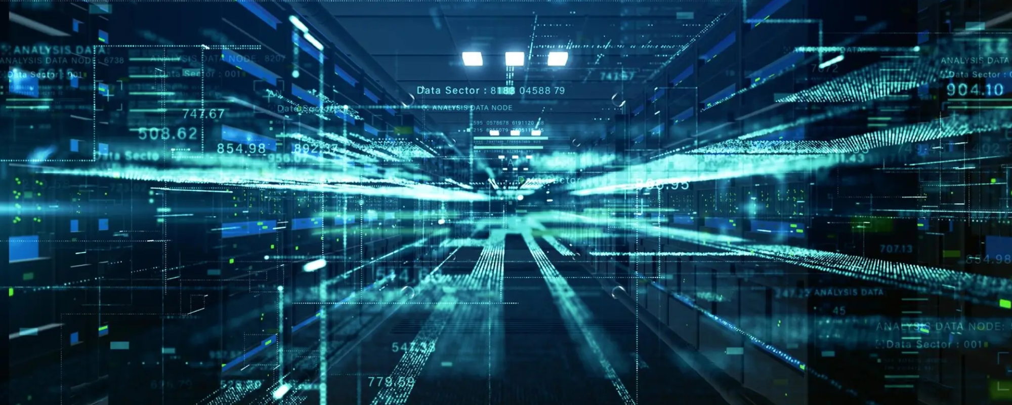 Futuristic data center with high-speed digital transmission lines, AI analytics, and big data processing streams across server racks and IT infrastructure. Technology abstract background, 3d Rendering