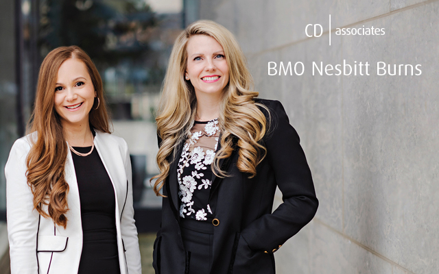 Lindita Sulemanovski and Candice Dziedziejko standing beside each other in front of a building. Text overlay: CD associates, BMO Nesbitt Burns