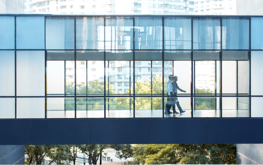 people walking across enclosed glass bridge
