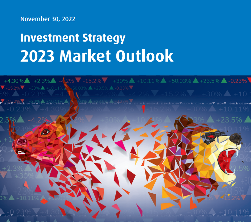 Investment Strategy 2023 Market Outlook - A bull and a bear made up of triangles on a background of stock tickers