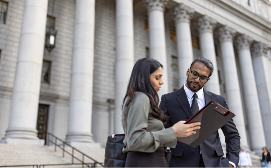 man and woman in suit stand in front of large marble building