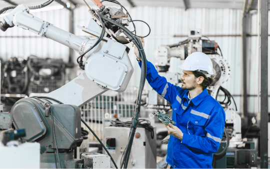 man in blue jacket fixes large industrial machinery