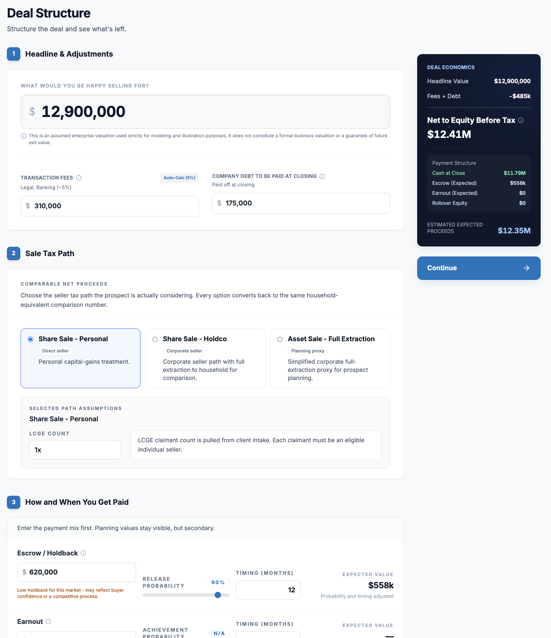 Deal structure exhibit showing headline value, adjustments, sale tax path, and payment timing inputs