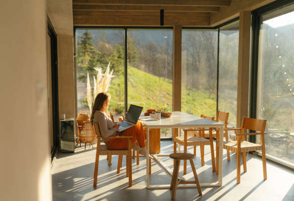 lady working on laptop in a sunroom